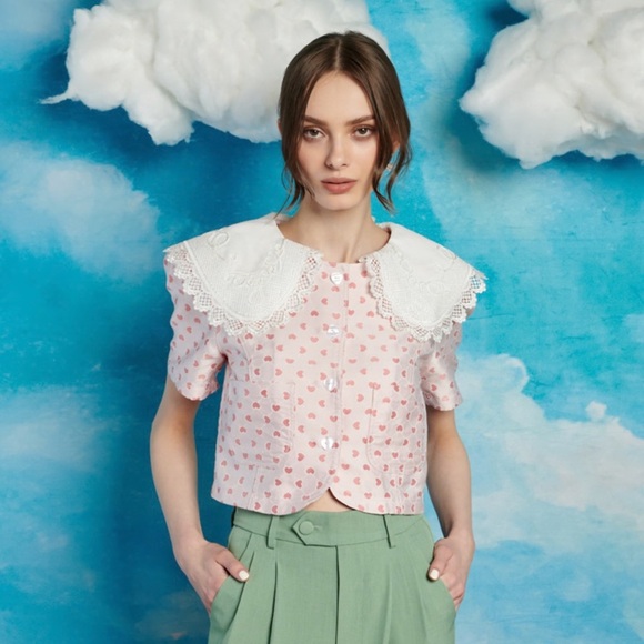 Sister Jane Tops - Sister Jane Heart Print Collared Top on Pink Sz XS NEW